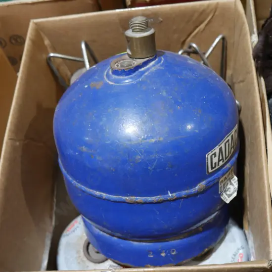 2 boxes gas cookers, knife block, lamp etc