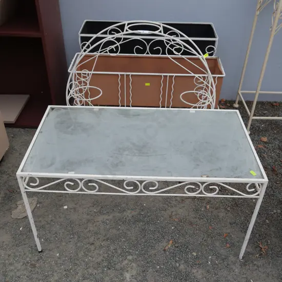 2 planters, glass top table etc