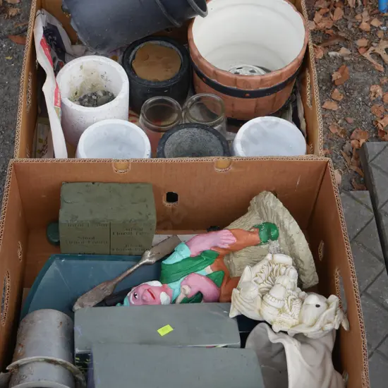 2 boxes, plant pots, ornaments etc