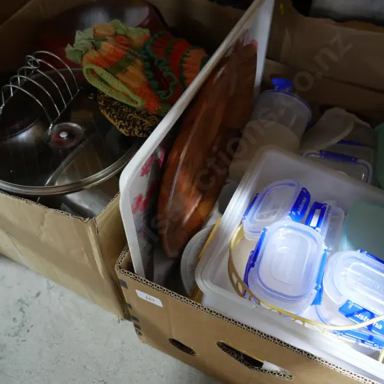 2 boxes, Potts and pans, kitchen storage containers etc