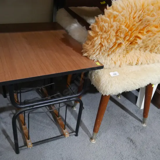 Wool covered stools, record rack