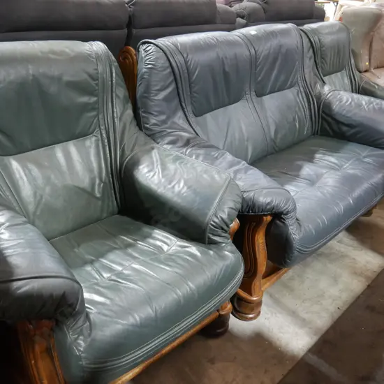 Green leather 3 piece lounge suite