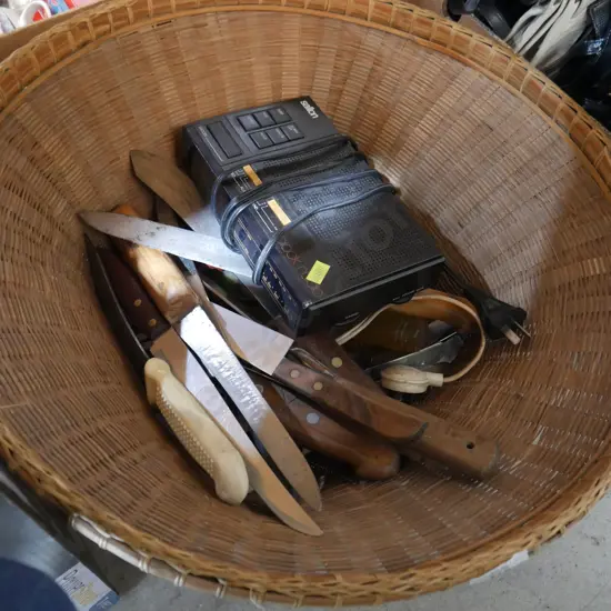 Cane basket, kitchen knives etc
