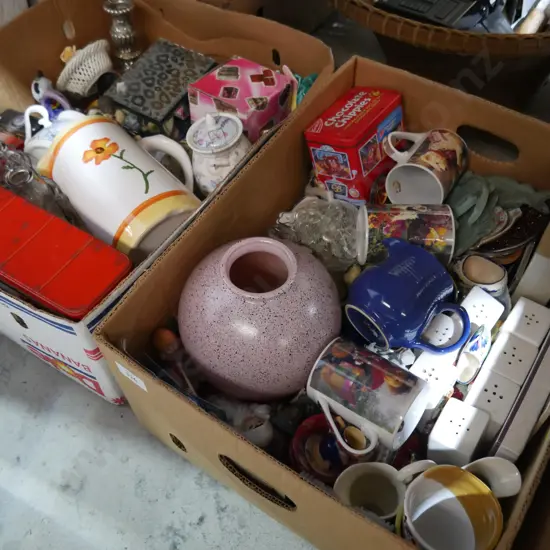 2 boxes ornaments, nice nacs etc