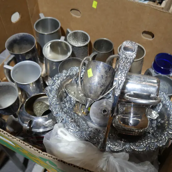 Pewter mugs, platedware