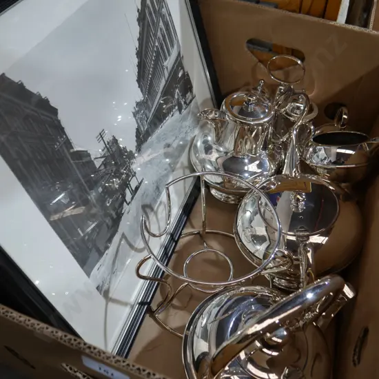 Framed pictures, plated teaset