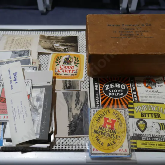 Vintage photos, labels, jewellery box etc