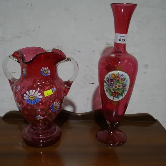 2 ruby glass vases