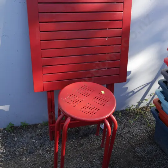Red folding table and 2 stools