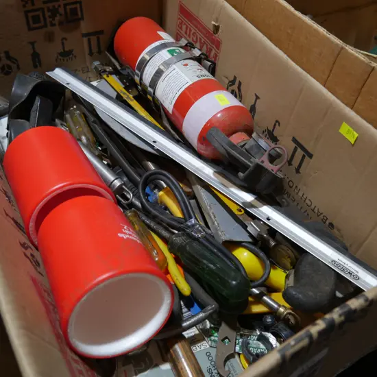 Fire extinguisher, assorted tools etc