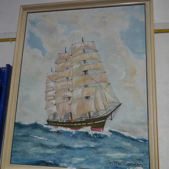 Framed sailing ship oil, M Williamson