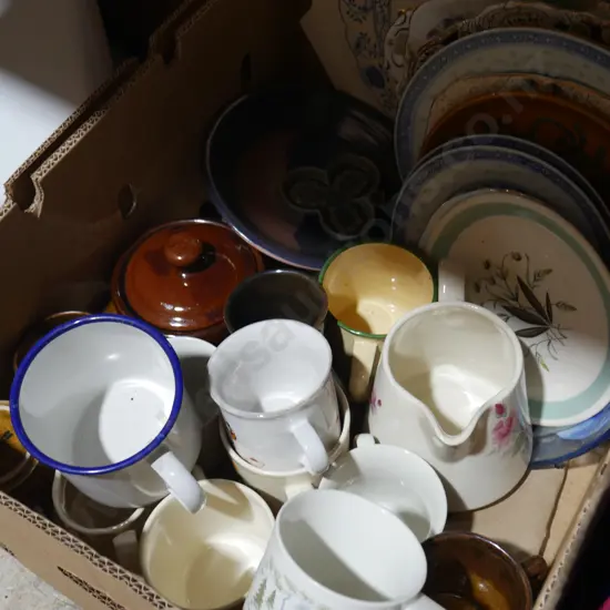 Fry pan, mugs plates, 2 boxes