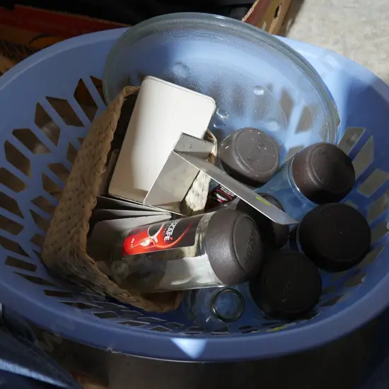 Basket, glassware etc