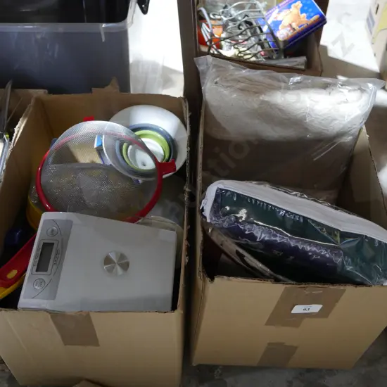 2 boxes, towels, kitchenware etc