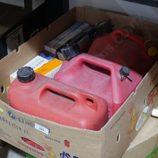 Petrol cans, books