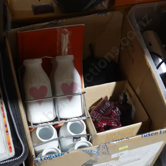 Milk crate and bottles, ornaments etc