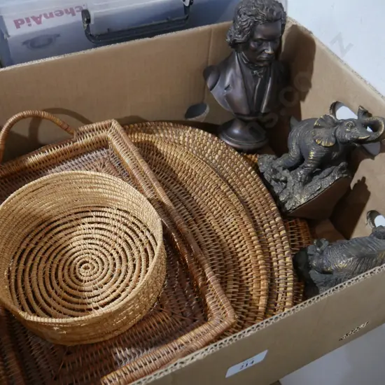 Bust, elephant bookends etc