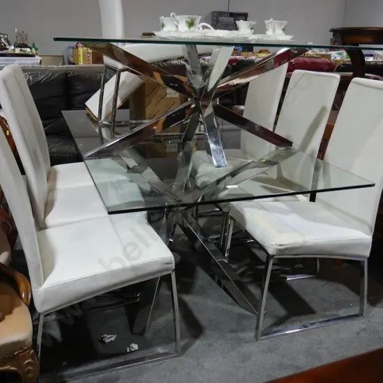 Glass top coffee and dining tables and 7 chairs